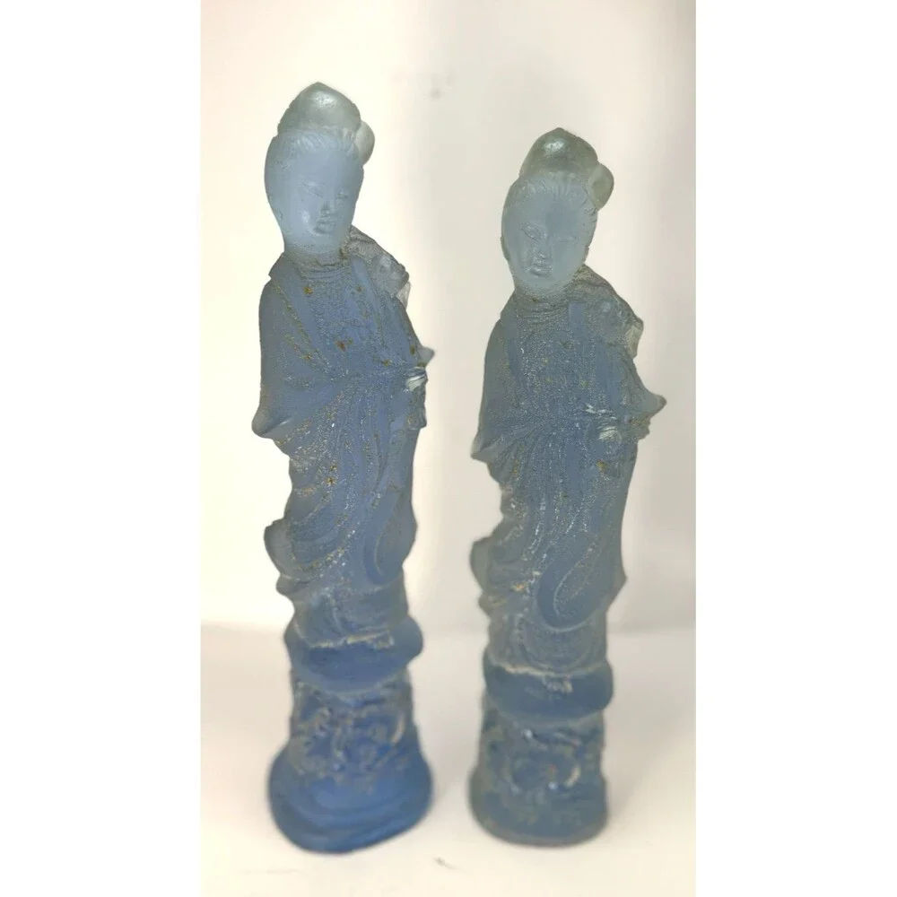 Vintage 2 Japanese Geisha Doll Figurine Blue Kimono Resin Plastic Hollywood MCM